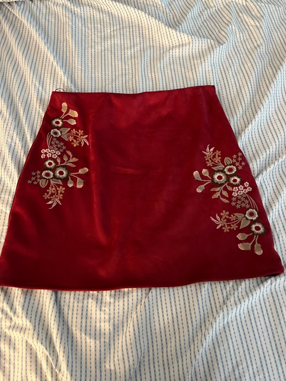 Red Embroidered Floral Mini Skirt